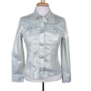 Berek Women’s Silver Jean Jacket with Large Rhinestone Covered Snaps Size S EUC